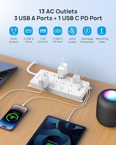 Maximize Your Power Potential with the TROND Heavy-Duty Surge Protector Power Strip: 13 Wide-Spaced Outlets, 32 W Quick Charge USB-C, 4000 Joules Protection, 5 ft Flat Plug Extension Cord, Wall Mountable Design for Seamless Integration in Home and Office Spaces – ETL Listed for Ultimate Safety and Reliability