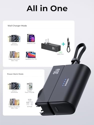 THREEKEY Portable Power Bank 5000 m Ah with 20 W PD Fast Charging – Travel-Friendly Charger for i Phone 16/15, Samsung Galaxy, i Pad Air/Pro & Google Pixel – Includes 30 W Ga N Wall Charger for Enhanced Charging Speed and Compatibility