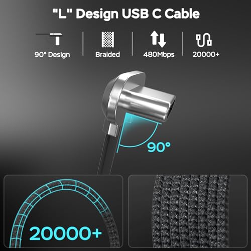 10 ft USB C to USB C Charging Cable – 60 W Fast Charge with Right-Angle Connector for Enhanced Durability and Comfort – Compatible with Steam Deck, ROG Ally, i Phone 16/15 Pro Max, Samsung S23/S22/S21, Mac Book – Tangle-Free Flat Design for Effortless Storage and Use