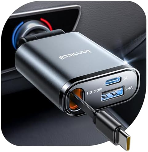 Ultra-Compact Lamicall Retractable Car Charger – 57 W USB-C Fast Charging for i Phone 16, Galaxy S25, Pixel Android | Space-Saving Design with Enhanced Compatibility & Safety Features for Quick On-the-Go Charging