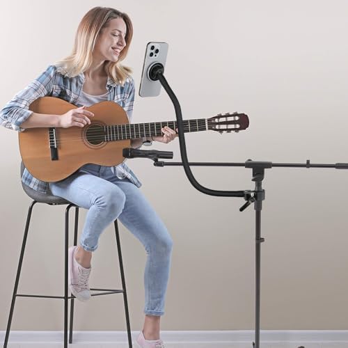 Magnetic Gooseneck Phone Holder for Mic Stand/Music Stand/Treadmill/Spin Bike,19.7″ / 50 cm Long Gooseneck Arm Super Crab Clamp iPhone Mount,Compatible with iPhone 12/13/14/15/16 Android Cellphone – Enhanced Compatibility and Speed