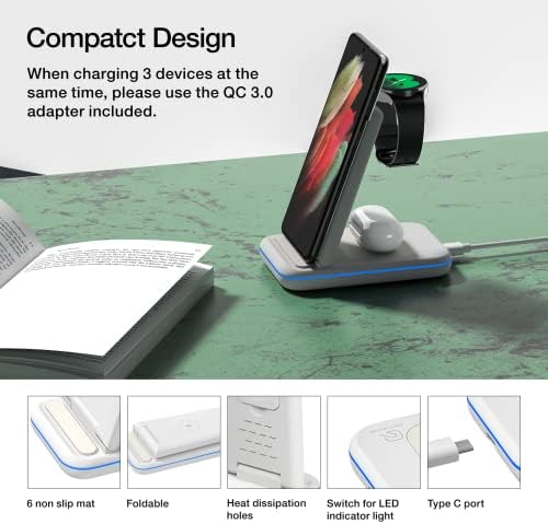 HOLYJOY 3-in-1 Foldable Wireless Charger – Ultimate Fast Charging Station for Samsung Galaxy S25 Ultra, S24, Note 20, Galaxy Watch 7/6/5/4/Active 2 & Buds – Compact Travel Charger with Non-Slip Design and LED Charging Indicator for Seamless Device Management on the Go