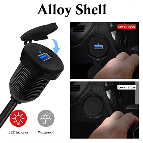 BATIGE Type C USB 3.0 Flush Mount Extension Cable – 3 ft Alloy Shell Car, Truck & Motorcycle Dashboard USB Port with LED Indicator for Enhanced Durability and Seamless Connectivity