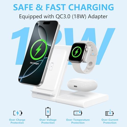 All-in-One Foldable 3-in-1 Apple Charging Station: Fast Wireless Charger for i Phone 16/15/14/13/12/Pro/Max/Plus, Apple Watch 10/9/Ultra/8/7/6/5/4/3/2/SE & Air Pods 4/3/2/Pro – Compact, Efficient, and Portable Power Hub for Home and Travel Convenience