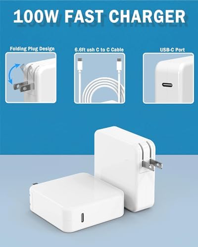High-Performance 100 W USB-C Charger for Mac Book Pro & Air – Fast Charging Power Adapter with 2 M Type-C Cable for Ultimate Compatibility and Efficiency – Ideal Replacement for All USB-C Devices, Including i Pad Pro 2023/2022/2021/2020/2019/2018 – Overheating Protection and Foldable Design for Travel Convenience