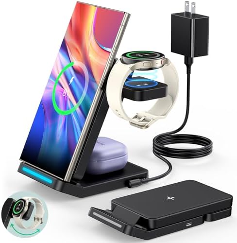 Revolutionary 3-in-1 Foldable Wireless Charging Station for Samsung Devices – Fast Charge Your Galaxy S25 Ultra, S24, S23, S22, Z Fold 7/6, Z Flip, Note & More – Rotatable Charger for Galaxy Watch & Buds – Stylish White Design for Home or Office Use – Maximize Efficiency with Enhanced Compatibility and Portability