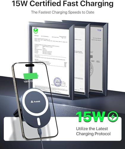 andobil 15 W Wireless Fast Car Charger with Magnetic Mount for i Phone 16/15/14 Series – Effortless Navigation & Charging Solution for Safety-Conscious Drivers – Sleek, Durable Design with Advanced Safety Features for Maximum Performance