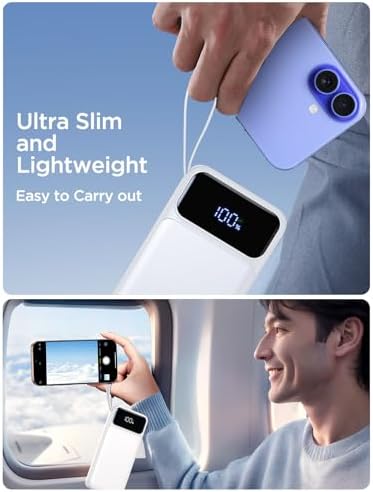 Ultra-Slim 10000 m Ah Power Bank with Built-In Cable – 22.5 W Fast Charging Portable Charger for i Phone, Samsung, Pixel & More – 6 Outputs, 3 Inputs, LED Battery Indicator – Essential Travel Companion for Busy Lifestyles