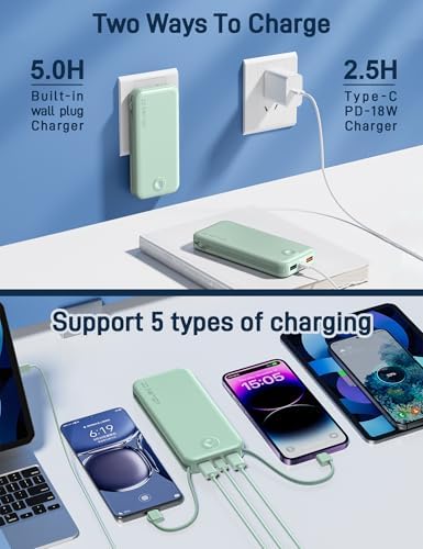 Ultra-Fast Charging Portable Power Bank with Built-In Cable and AC Plug – 12,000 m Ah USB C Travel Charger for i Phone and Android Devices – Lightweight, Compact Design for On-the-Go Power Solutions