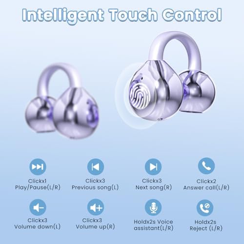 Innovative Clip-On Open Ear Wireless Bluetooth 5.4 Headphones – Perfectly Designed for Small Ears and Glasses Wearers; 60-Hour Battery Life, Superior Noise Cancellation, and Waterproof for Active Lifestyles and Workouts (Vibrant Purple)