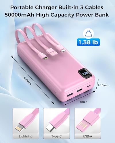 50000 m Ah Portable Power Bank with Built-in Cables – Multi-Device Charging Hub with 20 W PD Fast Charge, LED Power Indicator, and Safety Features (Pink) for Ultimate On-the-Go Energy Solutions