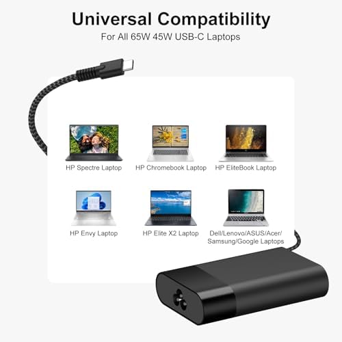 HP 65 W USB-C Fast Laptop Charger – Ultra-Slim Type-C Power Adapter for Superior Compatibility with HP Spectre, Envy, Elite Book, and Chromebook Models – Efficient Charging Solutions for Maximum Performance and Speed in a Lightweight Design