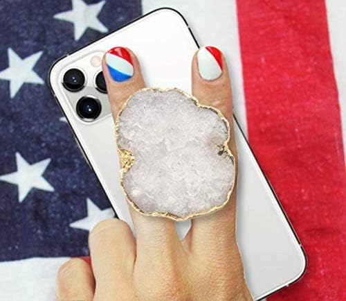 Transform Your Mobile Experience with CRYSTALFY White Clear Quartz Druzy Crystal Phone Grip – Versatile Kickstand & Unique Gemstone Top for i Phone, i Pad, Kindle & More – Handcrafted Natural Accessory with Enhanced Adhesion and Customizable Design – Perfect for Style, Functionality, and Gifting