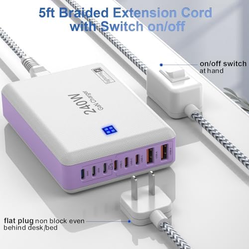 240 W High-Speed 8-Port Charging Station – Multi-Device USB Hub for i Phone, i Pad & Mac Book with 6 USB-C PD Ports, 2 USB-A Ports, 5 ft Braided Cord, On/Off Switch, Flat Plug Design for Travel Convenience and Optimal Space Management – Ultimate Charging Solution for Tech Enthusiasts
