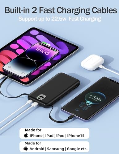 Ultra-Compact 10,000 m Ah Portable Charger with Integrated Cables & AC Plug – Fast Charging Power Bank for i Phone, Samsung, and Android Devices – QC 22.5 W & PD 20 W Travel Essential with Sleek Design for Maximum Convenience and Reliability
