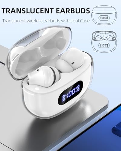 Translucent Wireless Earbuds with IPX7 Waterproof Rating – 30-Hour Battery Life for Uninterrupted Listening – Stylish and Comfortable Bluetooth Headphones for Samsung and Android Users – Premium Sound Quality and Enhanced Call Clarity for Active Lifestyles