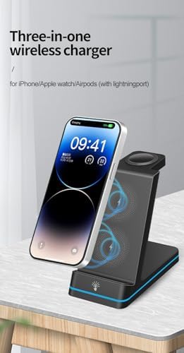 All-in-One 3 in 1 Wireless Charging Station for i Phone 11-16, Apple Watch, and Air Pods – Fast QC3.0 Adapter Included, Sleek Design for Tidy Charging Solution, Enhanced Device Compatibility and Safety Features