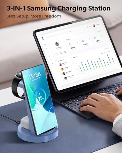 Revolutionary 3-in-1 Wireless Charging Station for Samsung Devices: Fast Charging Dock for Galaxy Watch 7, 6, 5, 4, 3 Pro, Classic & Galaxy Buds – Sleek Stand Compatible with S25, S24 Ultra, S23, S22, S21, Note, and Z Fold – Optimal Efficiency and Stylish Design for Home or Office Use