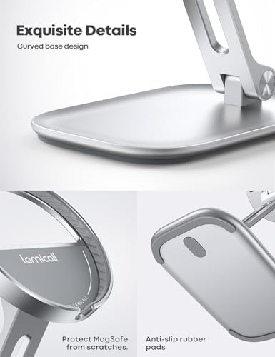 Lamicall [  Aluminum Stable Large Base Phone Stand Holder for Desk, Superb Surface Craftsmanship, Portable Cell Phone Dock, Compatible with 4-10” Cellphone and Tablets, Silver – Enhanced Compatibility and Speed