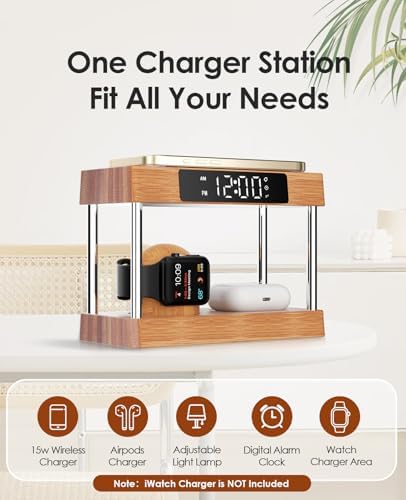 Eco-Friendly Bamboo Wireless Charging Station with Alarm Clock – Multi-Device Bedside Charger for i Phone, Air Pods & i Watch – Fast Charging & Adjustable Night Light – Perfect Gift for Him or Her