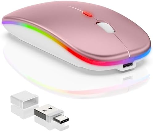Sleek LED Bluetooth Wireless Mouse for Mac & PC – Rechargeable, RGB Light-Up Design with Dual Connectivity (BT5.2 + 2.4 G USB) – Slim, Portable Mouse with Jiggler Function for Work & Play – Enhanced Performance & Style in White