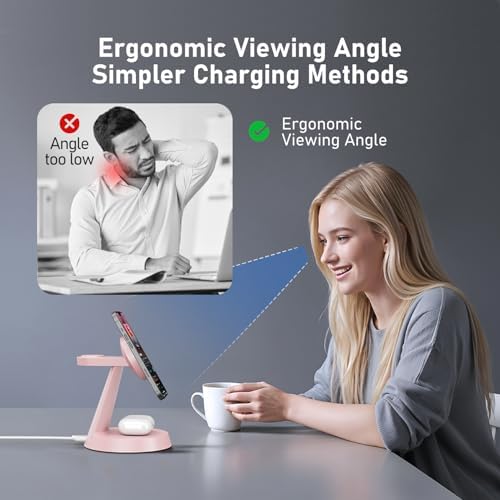 Sleek Pink 3-in-1 Wireless Charging Station for Apple Devices – 15 W Mag Safe Fast Charger Stand for i Phone 16/15/14/13/12, Air Pods & i Watch – Magnetic Alignment for Effortless Power-Up & Clutter-Free Workspace