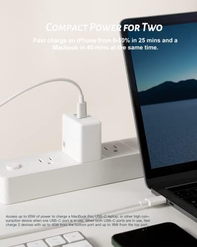 Powerland 65 W Ga N USB C Charger – Dual Port Fast Charging Adapter for Mac Book Pro/Air, i Pad Pro, Google Pixelbook, i Phone 13/14/15 & Surface Book 2 – Compact, Efficient, and Safe Power Solution with Thermal Management and Smart Power Sharing