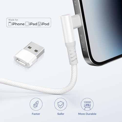 Basesailor 10 FT Right Angle i Phone Charger Cable – 90-Degree USB-C to Lightning Cord with USB A Adapter for Fast Charging – Perfect Compatibility with i Phone 14, 13 Pro Max, 12, 11, XS, XR, X, 8, 7, 6 Plus, 5 SE & i Pad 8, 9 – Enhanced Durability for Seamless Multitasking & Convenient Use