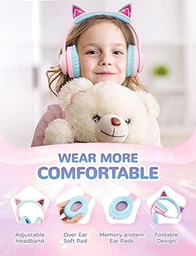 Magical Cat Ear Bluetooth Headphones for Kids – Mesmerizing Gradient Pink with LED Glow, 50-Hour Battery Life, Safe 74/85 d BA Volume Limiting, Superior Bluetooth 5.2 Connectivity & Rapid USB-C Charging for Ultimate Travel Convenience and Enjoyment