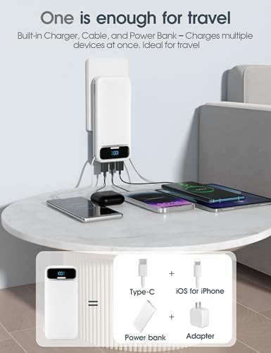 Ultra-Compact 12000 m Ah Power Bank with Built-in Charging Cables & AC Plug – 20 W PD Fast Charging for i Phone, Samsung, Android, USB-C Devices – Travel-Friendly External Battery Pack in Purple – Unmatched Portability and Efficiency for On-the-Go Charging Solutions