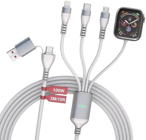 Revolutionary 4-in-1 Fast Charging Cable for Apple Watch – High-Speed 100 W Multi-Connector Charger with Lightning, USB-C, Micro USB Compatibility – 10 ft Length for Ultimate Flexibility – Stylish White Finish for the Modern Tech Savvy User
