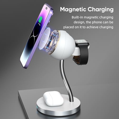 Revolutionary 4-in-1 Wireless Magnetic Charging Station with LED Lamp – Fast 15 W Charger for i Phone 11-16 Series, i Watch, and Air Pods – Sleek Bedside/Desktop Design for Enhanced Device Compatibility and Clutter-Free Convenience