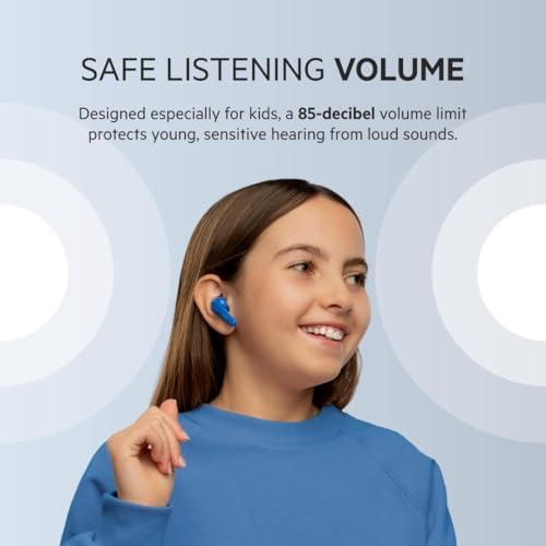 Belkin Soundform Nano Kids Bluetooth Earbuds – Stylish Blue Design with 85 d B Volume Limiting for Safe Listening, 24-Hour Battery Life, Integrated Microphone for Online Learning and Calls, Compatible with i Phone, i Pad, Galaxy & More – Comfort Meets Durability for Young Audiophiles