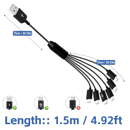 Herfair 6-Way Micro USB Splitter Cable – 4.92 FT Multi Charging Cord for Enhanced Device Connectivity and Fast Data Transfer – USB 2.0 Type A Male to 6 Micro USB Male Adapters – Universal Compatibility for Smartphones, Tablets, and More