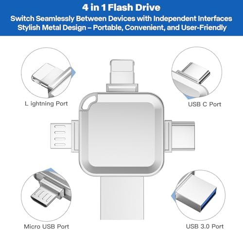 Revolutionize Your Data Storage with the LANSLSY 128 GB 4-in-1 Flash Drive – Effortless Compatibility for i Phone, i Pad, Android, PC, and Mac – No App Required for Instant Access! Enjoy Enhanced Transfer Speeds and 4 Versatile Ports: Lightning, USB Type-A, USB Type-C, and Micro USB. Perfect for Storing Photos, Videos, and Documents with Ease – Ideal for Students, Professionals, and Photographers on the Go! Compact and Stylish Pink Design Makes It a Must-Have Accessory for Your Tech Gear. Say Goodbye to Data Management Hassles and Keep Your Files Securely Accessible Anytime, Anywhere!