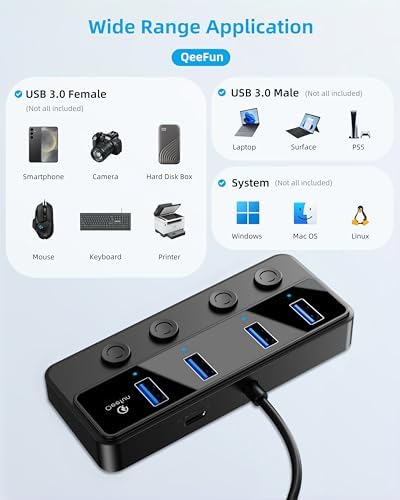 Revolutionize Your Connectivity with the Qeefun 4-Port USB 3.0 Hub – High-Speed 5 Gbps Data Transfer, Individual LED Power Switches, and 2 ft Extension Cable for Ultimate Flexibility – Perfect USB Splitter for Laptops, PCs, i Macs, and More! Enhance Your Workspace Efficiency and Control Multiple Devices Effortlessly!
