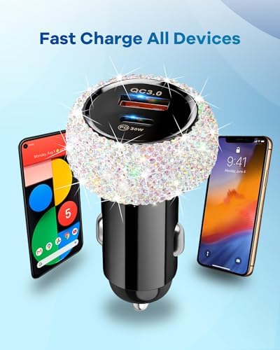 Stylish Pink Bling USB C Car Charger – 48 W Power Delivery & Quick Charge Dual-Port Adapter with 3.2 FT Type-C Cable for i Phone 16, 15 Pro Max, i Pad, Samsung Galaxy & Android Devices – Ultimate Fast Charging Solution for On-the-Go Convenience and Enhanced Compatibility