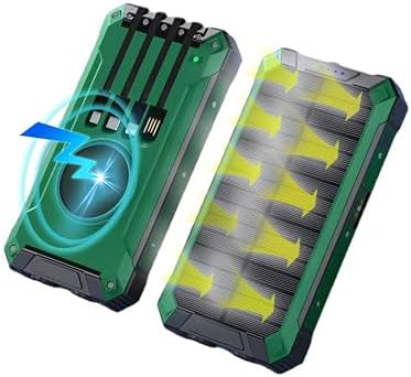 High-Capacity Solar Power Bank with Fast Charging – Portable 10,000 m Ah External Battery Backup for i Phone & Android, 4 USB Ports, Built-in Cables, LED Flashlights & Durable Carabiner – Eco-Friendly Outdoor Charger in Green/Black Design