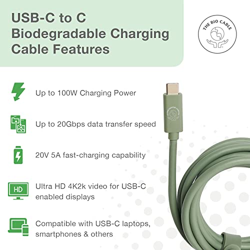 Ultimate Type C Fast Charging Cable – 20 V 5 A with 100 W Power Output & 20 Gbps High-Speed Data Sync – Eco-Friendly 6.5 ft Biodegradable Cord in Sleek White for Laptops & Smartphones – Superior Performance & Sustainable Convenience
