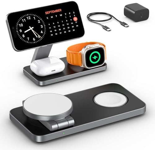 3-in-1 Magnetic Foldable Wireless Charging Station – Ultra-Fast Mag-Safe Charger for i Phone 16/15/14/13/12, Apple Watch Ultra/SE/10/9/8/7/6/5/4, Air Pods Pro/4/3/2 | Compact & Adjustable Design with Enhanced Safety Features in Black & White – Perfect for Home & Travel