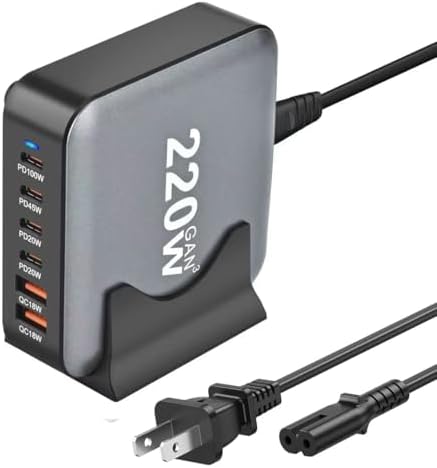 High-Power 220 W USB C Charging Station with Ga N III Technology – Multi-Port Hub Featuring 4 USB-A & 2 USB-C Ports, QC4.0 Fast Charge for Mac Book Pro & Devices – Sleek, Compact Design for Home or Office Use