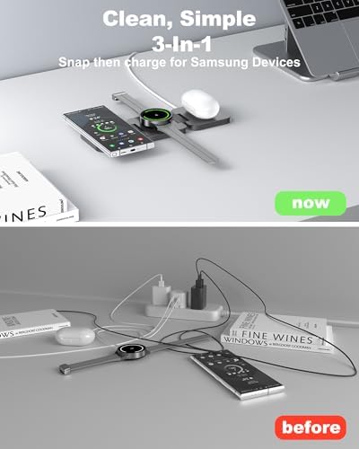 Portable 3-in-1 Wireless Charging Station for Samsung Devices – Foldable and Fast-Charging Travel Stand for Galaxy S24 Ultra, S23, S22, Note 20, Z Fold/Flip 6/5, Galaxy Watch Ultra 7/6/5 & Galaxy Buds – Sleek Gray Design for Maximum Compatibility and Efficiency
