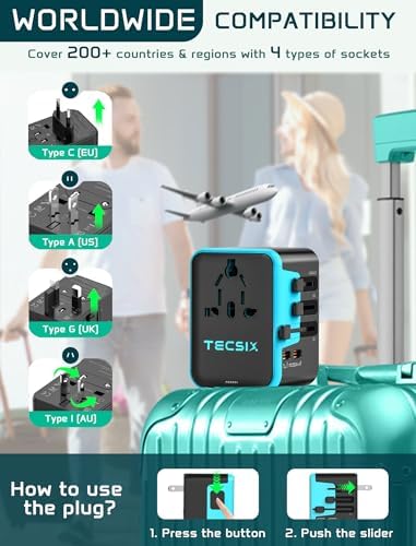 Global Travel Power Adapter with Dual USB-C & USB-A Ports – Compact 240 V AC Charger for International Use in EU, US, UK, AUS – Fast Charging Solution for Modern Travelers – Sleek, Lightweight Design (Black/Blue)