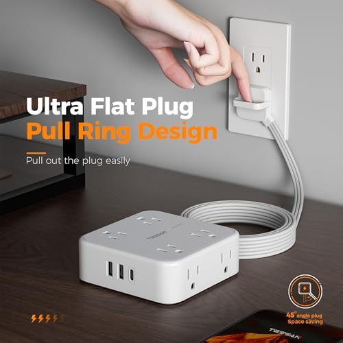 TESSAN 10 FT Flat Plug Surge Protector Power Strip with 8 Outlets and 3 USB Ports – Versatile Desk Charging Station with 900 Joules Protection for Home and Office – Enhanced Safety and Space Efficiency