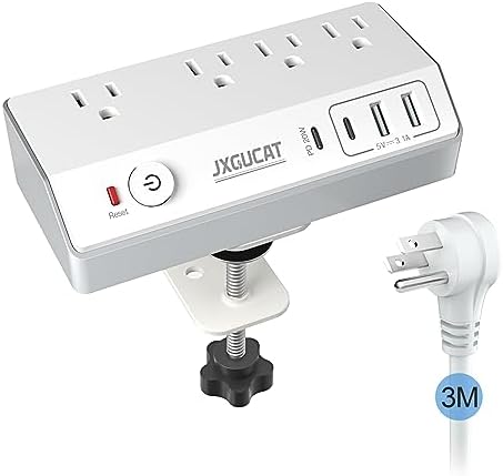 Maximize Workspace Efficiency with JXGUCAT Desk Clamp Power Strip: 10 ft Surge Protector Featuring 4 AC Outlets & 4 USB Ports, Including PD 20 W Fast Charging USB-C – Ideal for Home Offices and Co-Working Spaces