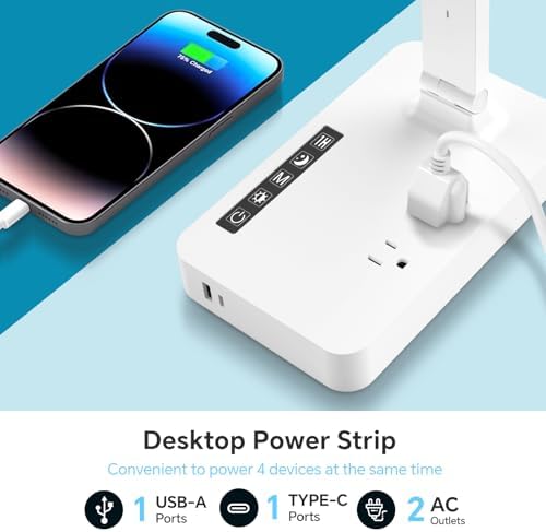 Versatile Power Strip Lamp with USB Charging: 2 AC Outlets, 1 USB-A & 1 Type-C Port, Adjustable Brightness Desk Lamp for Home Office & Dorm Room, 5 ft Extension Cord with Surge Protection for Ultimate Device Safety