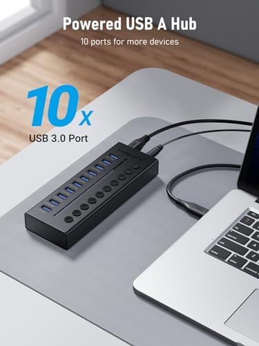 Lemorele 10-Port USB 3.0 Powered Hub – Ultimate 24 W USB Splitter with Individual LED Switches for Smart Device Management, Achieve 5 Gbps Data Transfer & 5 V Charging for Phones, Power Banks, and More – Ideal for Home Offices and Professionals Seeking Efficiency