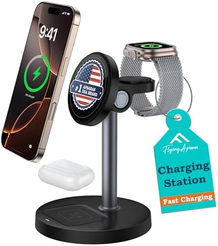 APSARAS 3-in-1 Wireless Charging Station for i Phone 16/15/14/13/12, Air Pods & Apple Watch Series S11 – Stylish Mag Safe Compatible Dock with Enhanced Speed and Safety Features for Clutter-Free Charging Solutions