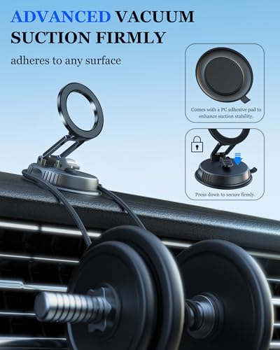 Mag Safe-Compatible Vacuum Suction Magnetic Phone Holder for Enhanced Stability in Cars, Gyms, and Showers – Adjustable, Foldable Design for Optimal Viewing of i Phone 16/15/14/13/12 – Versatile, Secure Mounting for Effortless Navigation and Hands-Free Convenience