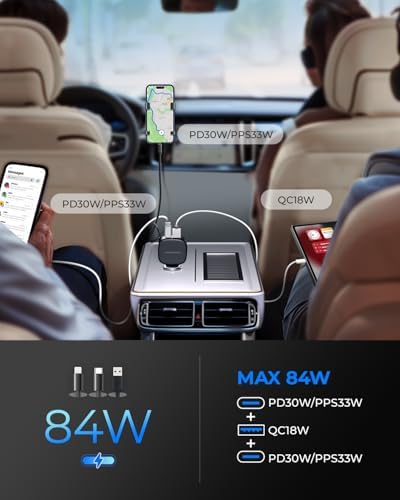 Ultra-Compact 84 W Max Retractable Fast Car Charger – Dual-Port USB C Cigarette Lighter Adapter with Built-In Type-C Cable for Effortless Charging and Clutter-Free Travel, Perfect for Families and Frequent Travelers